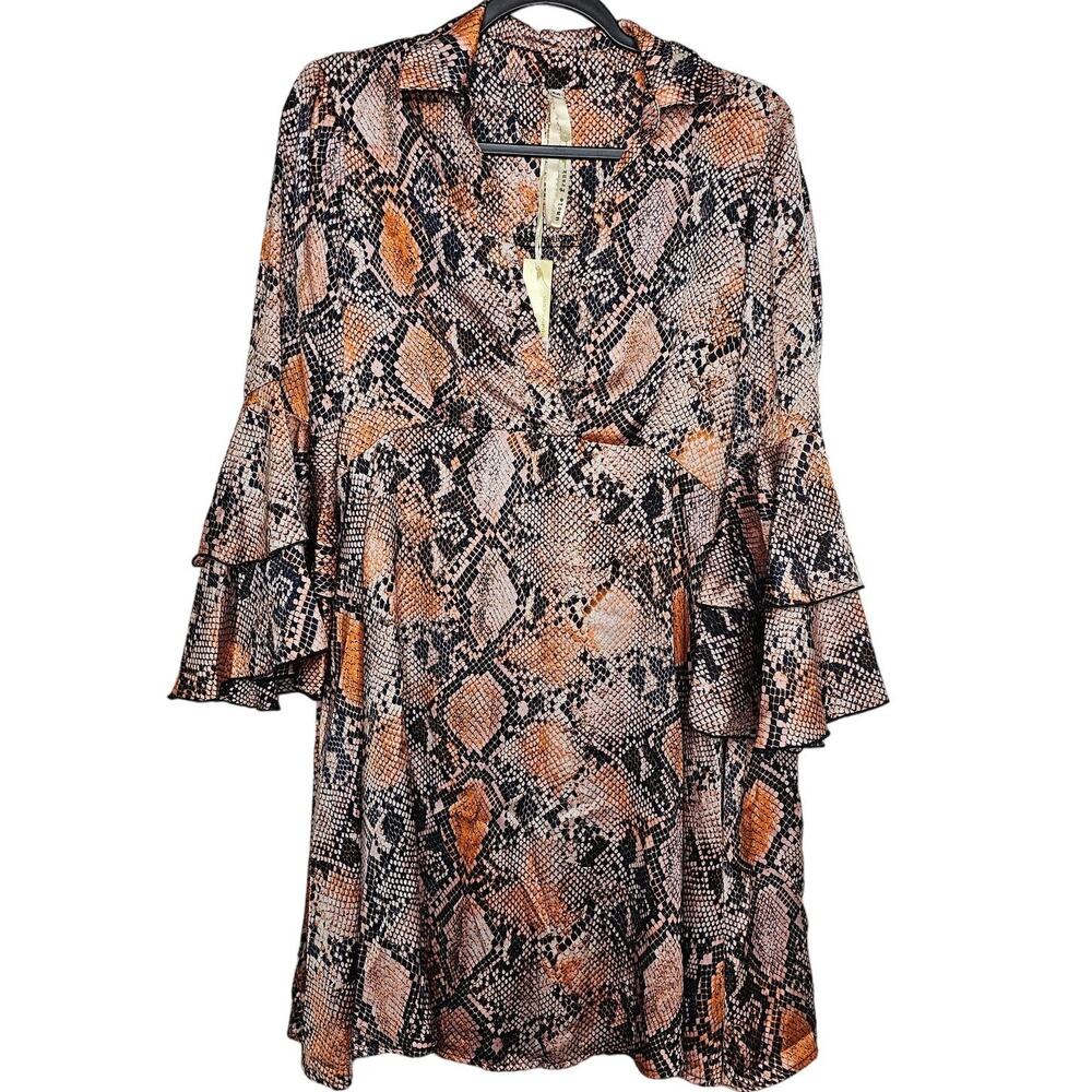 Uncle Frank Women's Satin Snake Print Mini Dress Sz M V-Neck Ruffle Bell Sleeves